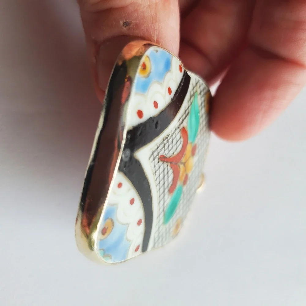 Vintage Hand Painted Talavera‎ Tile Pottery Shard Pendant Floral Square Jewelry
